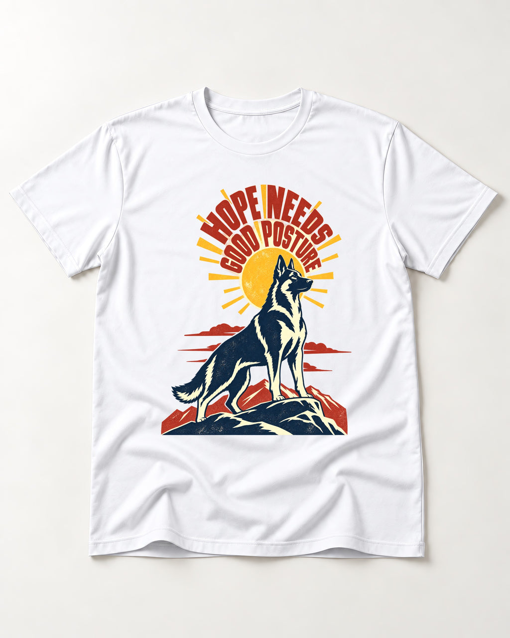 Hope Needs Good Posture German Shepherd Dog T-Shirt in White, flat lay product photo