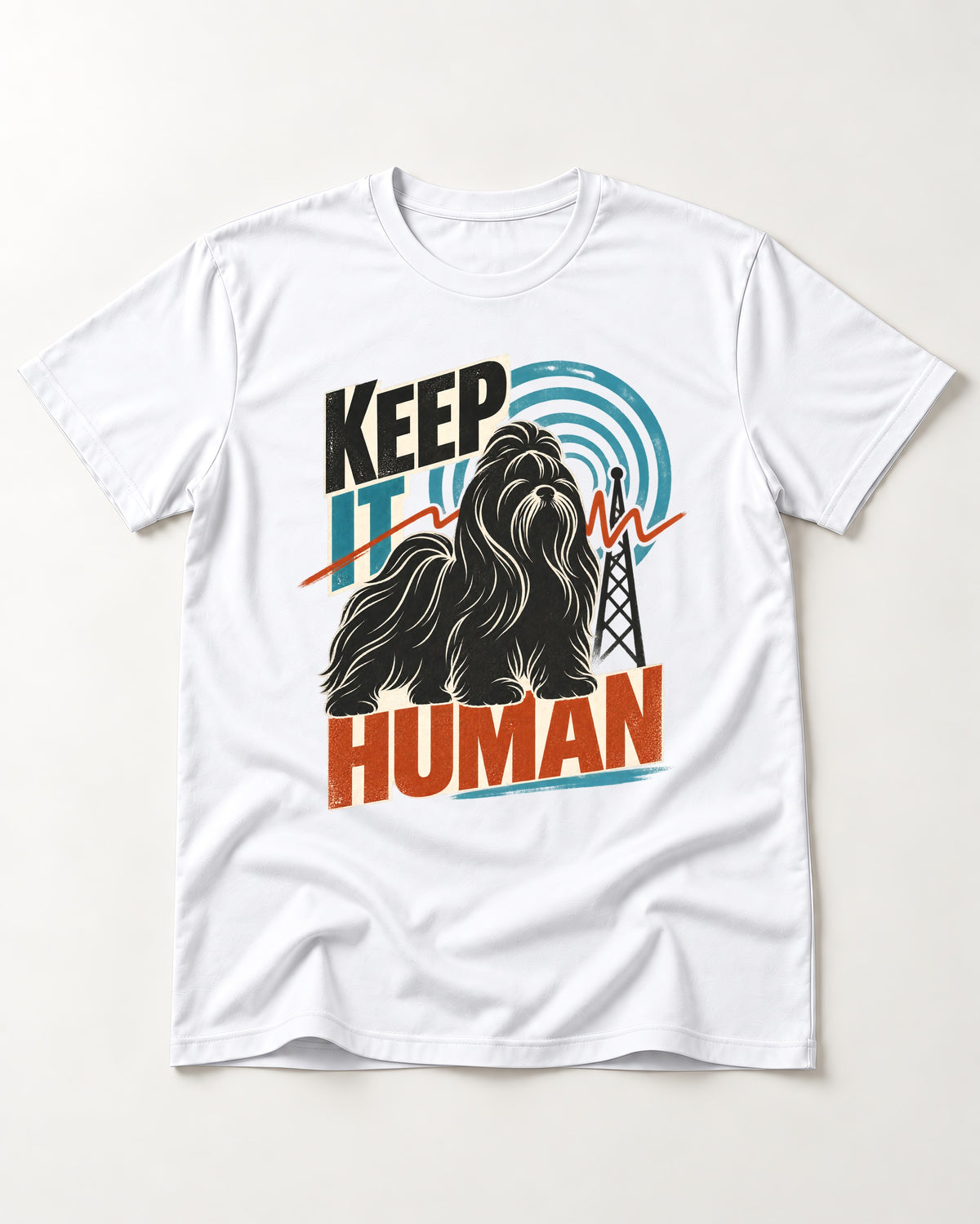 Shih Tzu Keep It Human Radio Signal Graphic T-Shirt in White, flat lay product photo