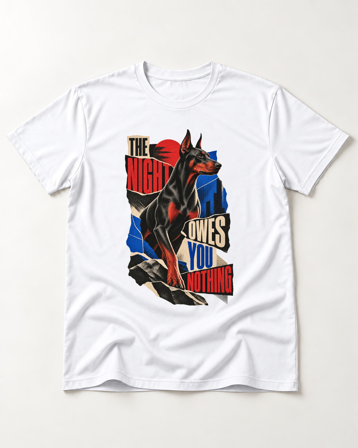 Night Owes You Nothing Doberman T-Shirt in White, flat lay product photo
