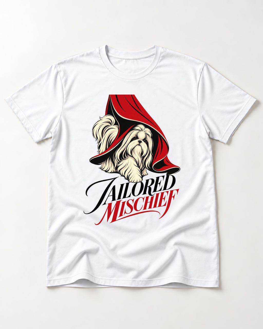 Tailored Mischief Shih Tzu T-Shirt in White, flat lay product photo
