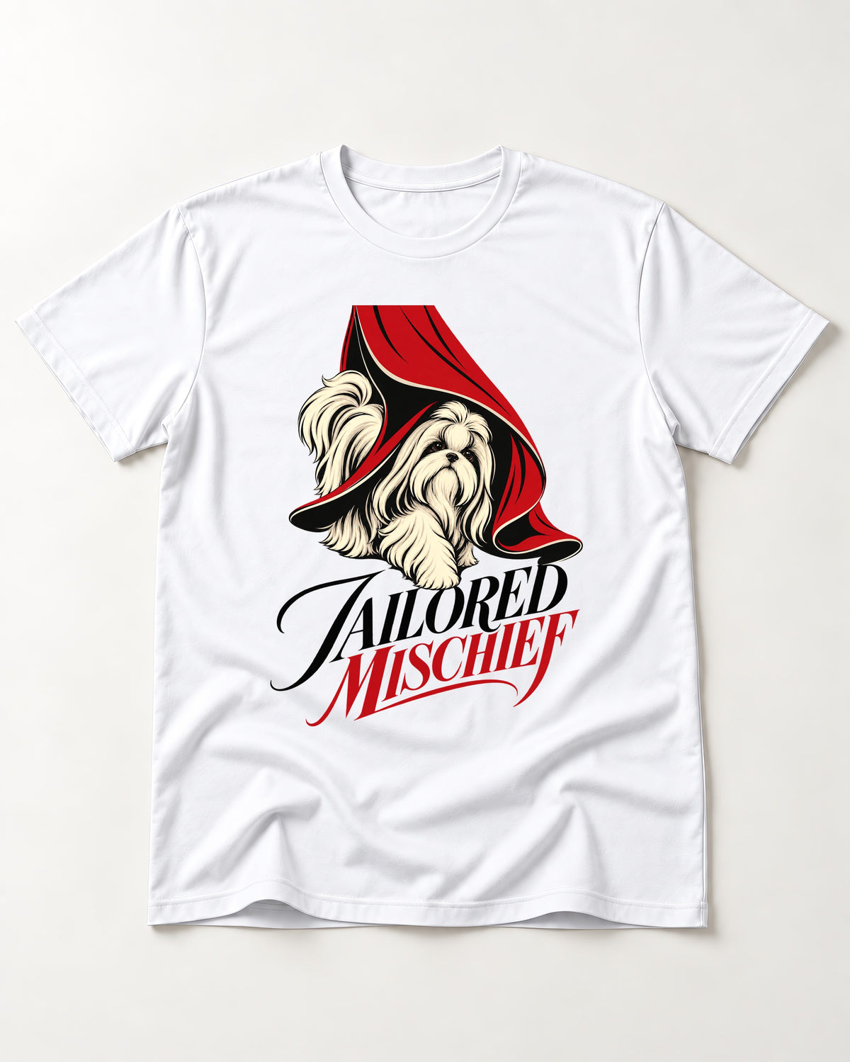 Tailored Mischief Shih Tzu T-Shirt in White, flat lay product photo