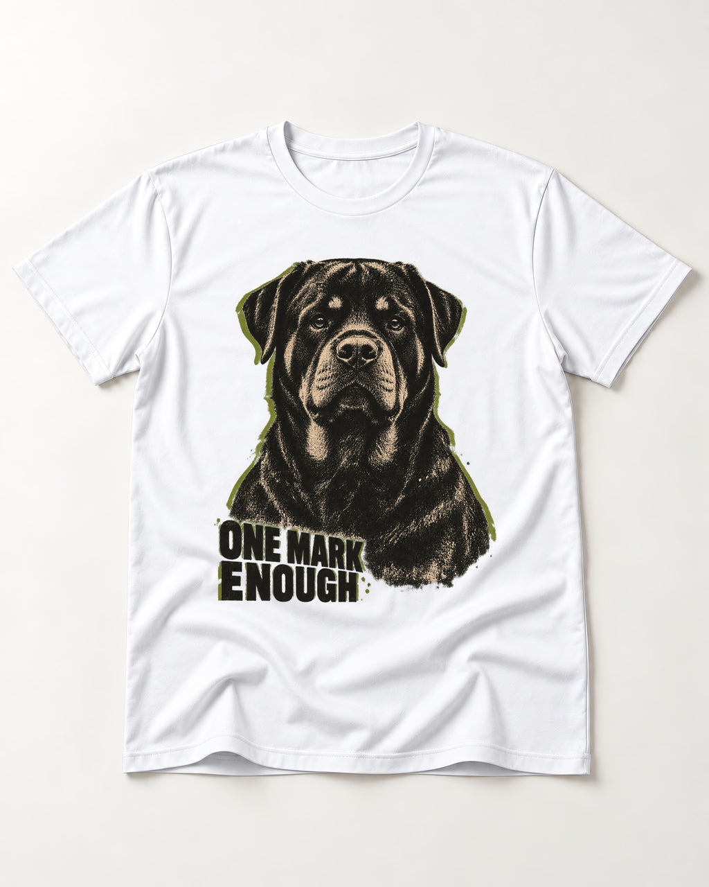 Rottweiler One Mark Enough T-Shirt in White, flat lay product photo