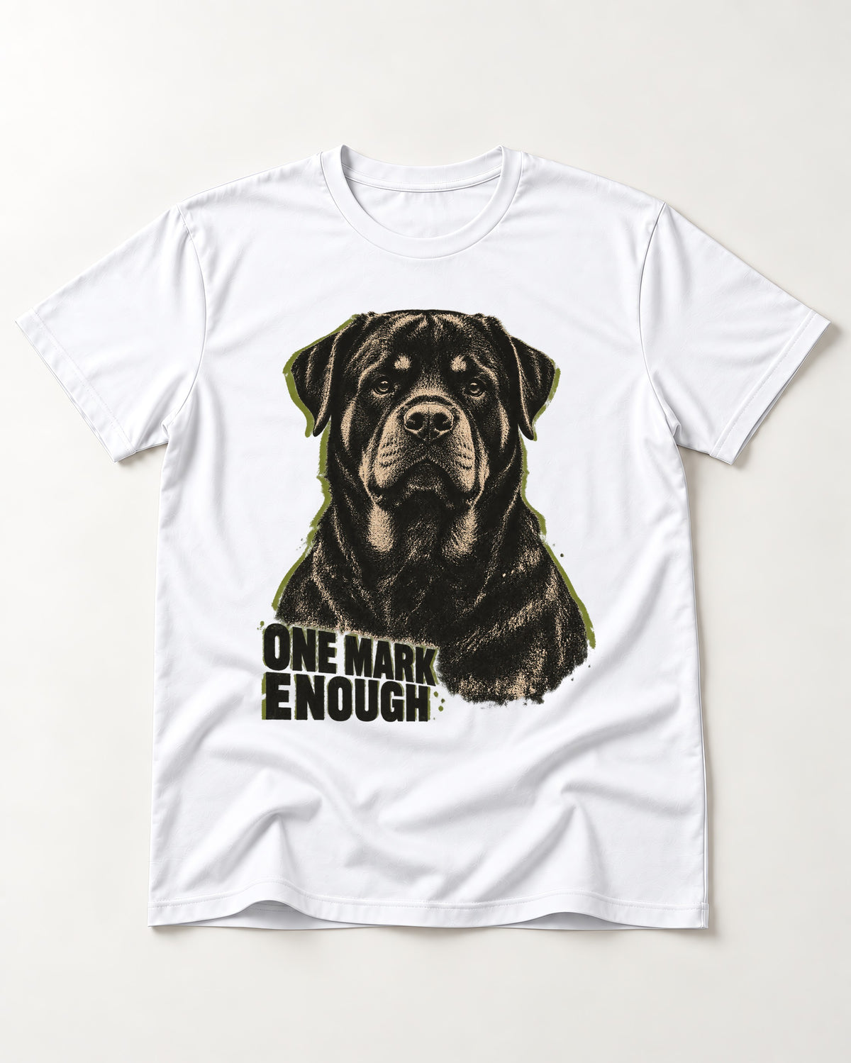 Rottweiler One Mark Enough T-Shirt in White, flat lay product photo