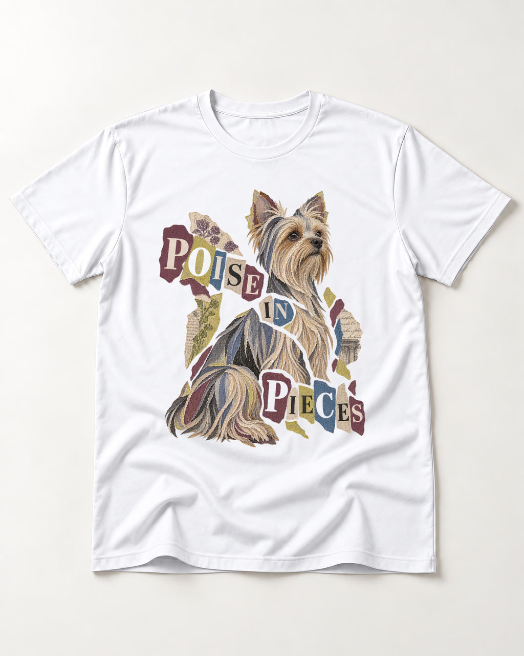Yorkshire Terrier Poise in Pieces Torn Paper Collage Graphic T-Shirt in White, flat lay product photo