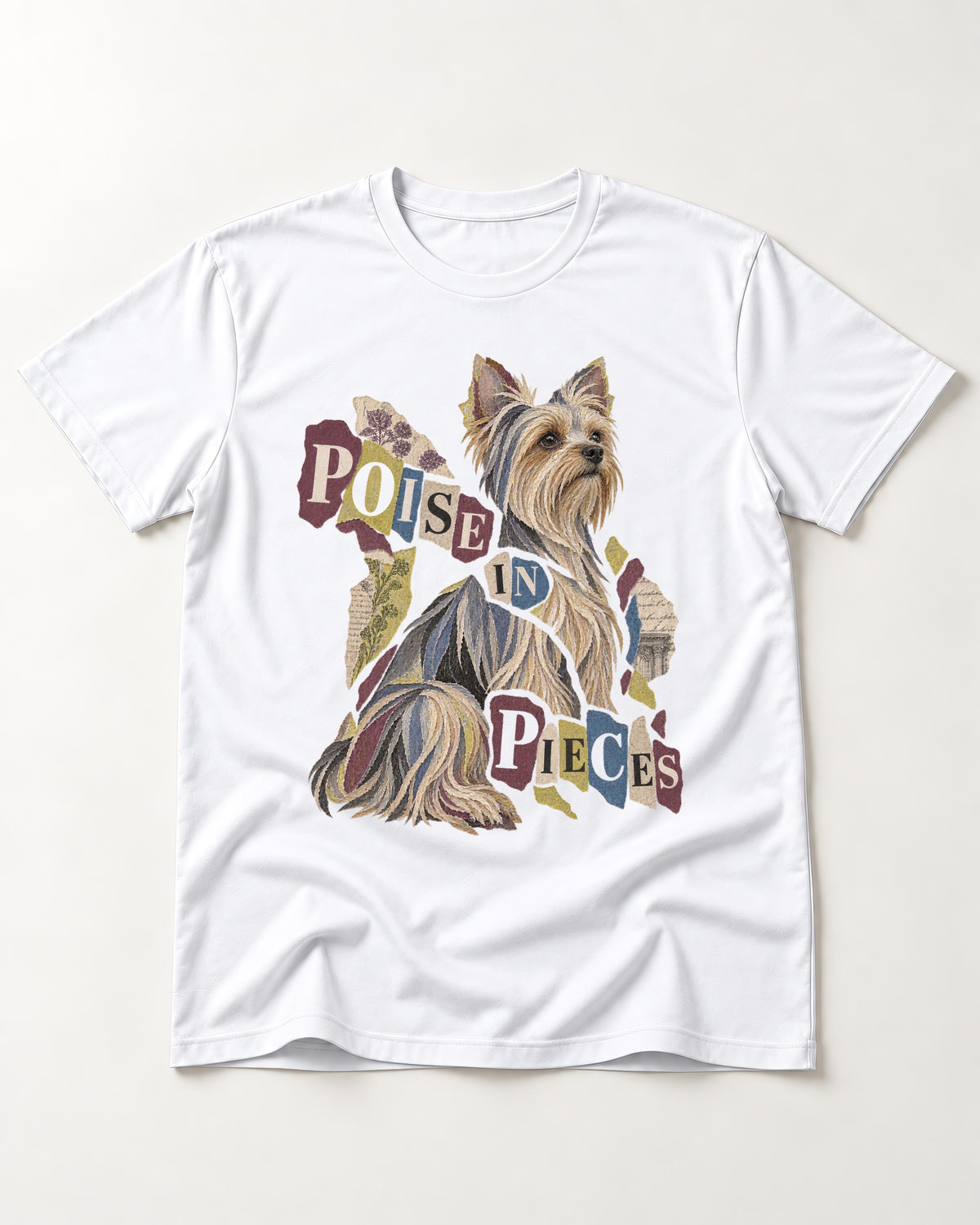 Yorkshire Terrier Poise in Pieces Torn Paper Collage Graphic T-Shirt in White, flat lay product photo