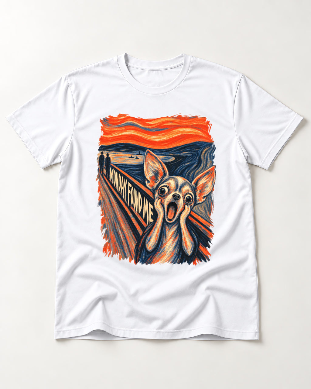Monday Found Me Chihuahua Scream Path T-Shirt in White, flat lay product photo
