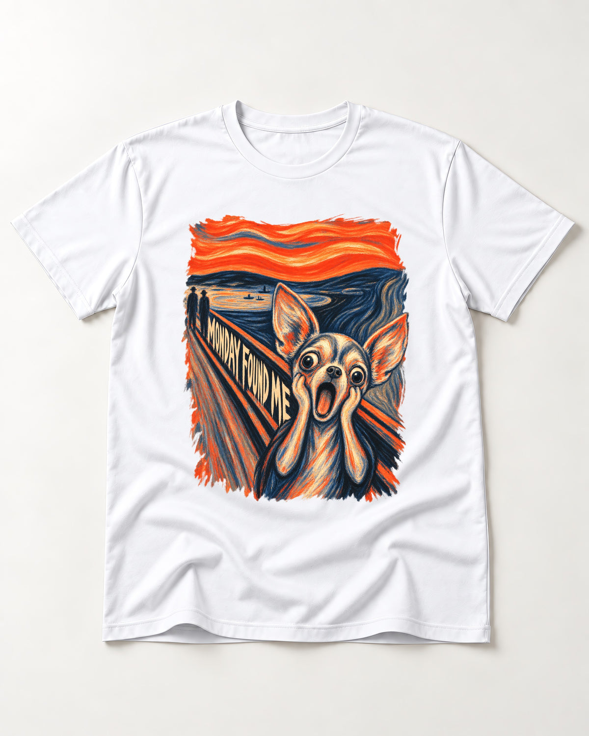 Monday Found Me Chihuahua Scream Path T-Shirt in White, flat lay product photo