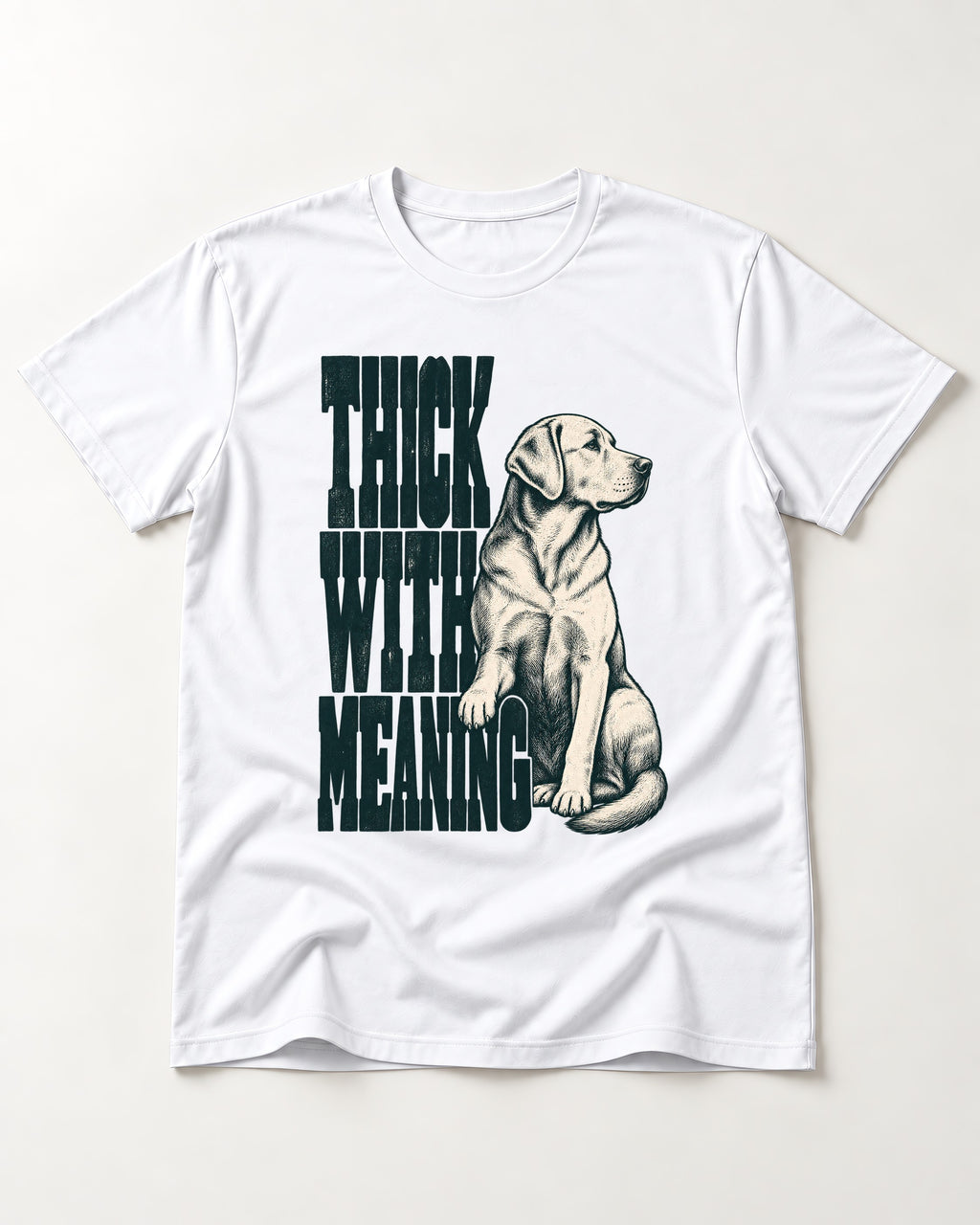 Thick with Meaning Labrador Retriever T-Shirt in White, flat lay product photo