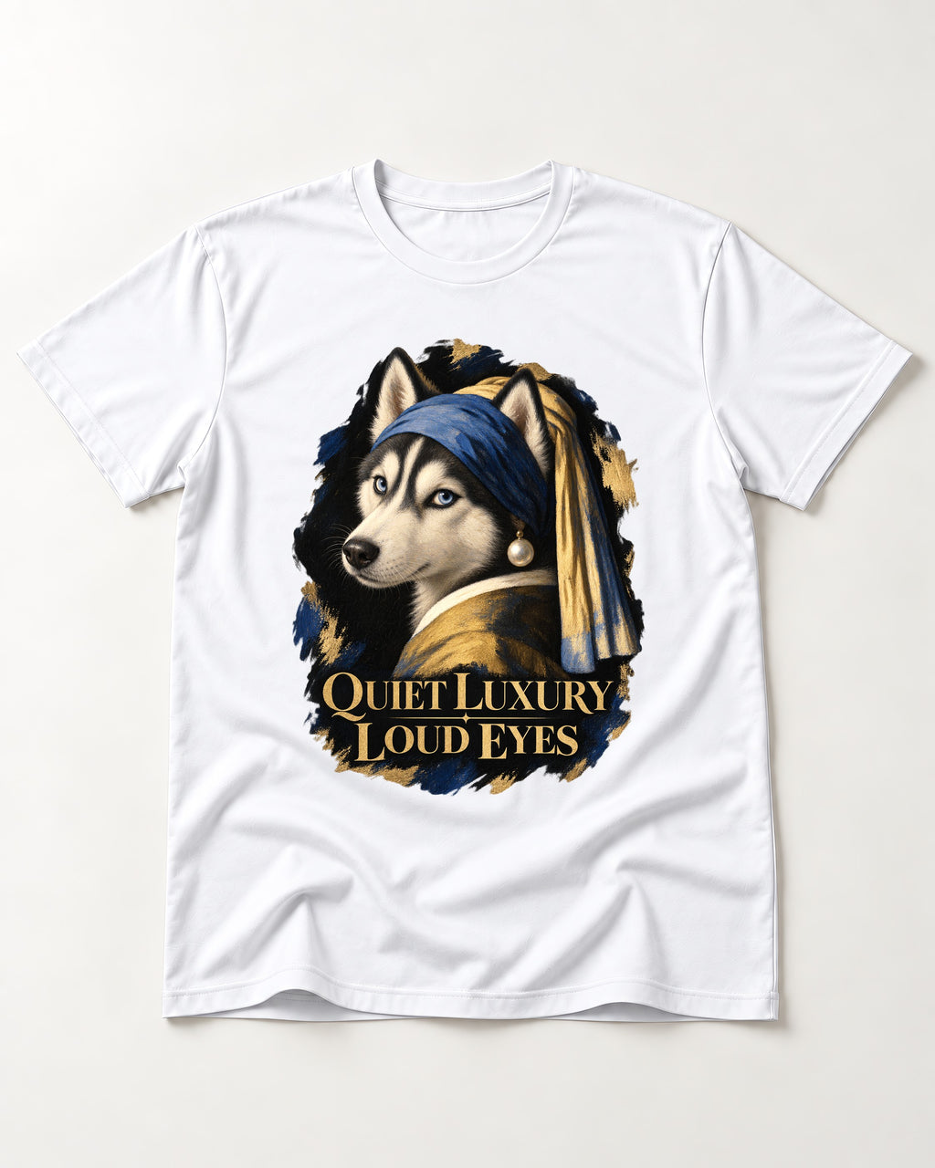 Husky Quiet Luxury Loud Eyes Pearl Portrait Graphic T-Shirt in White, flat lay product photo