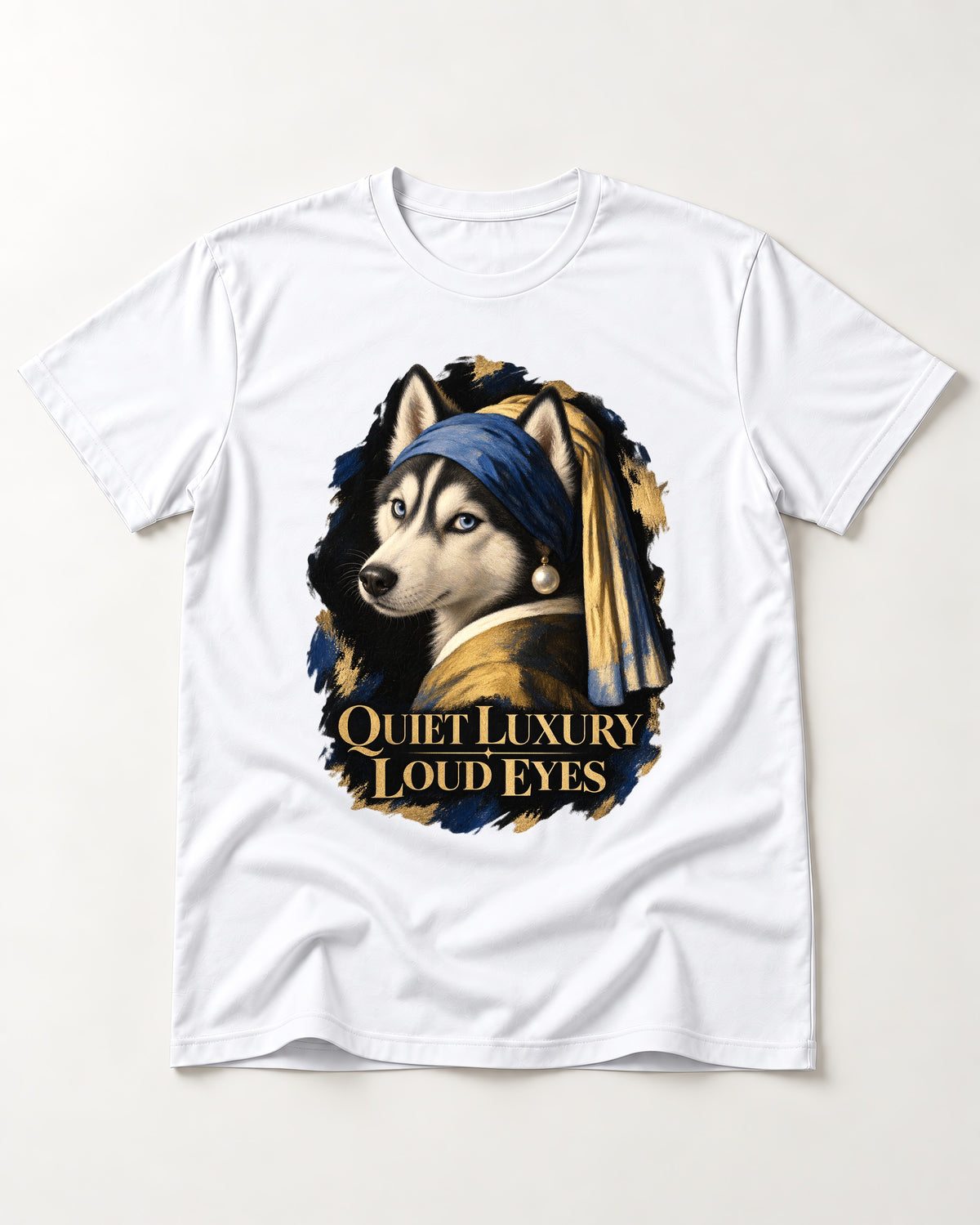 Husky Quiet Luxury Loud Eyes Pearl Portrait Graphic T-Shirt in White, flat lay product photo
