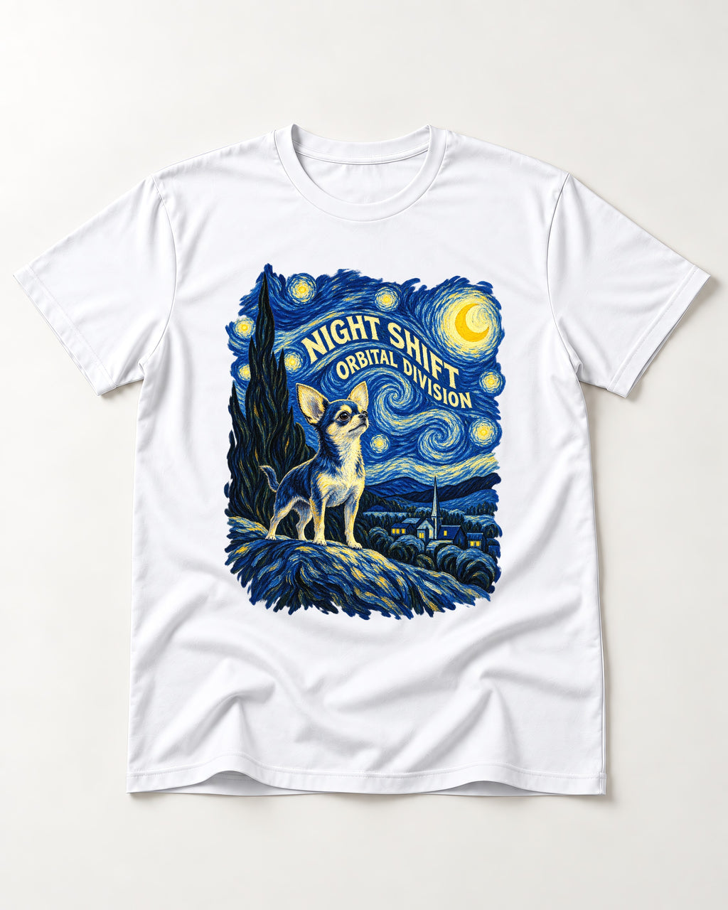 Chihuahua Night Shift Orbital Division Starry Night Graphic T-Shirt in White, flat lay product photo