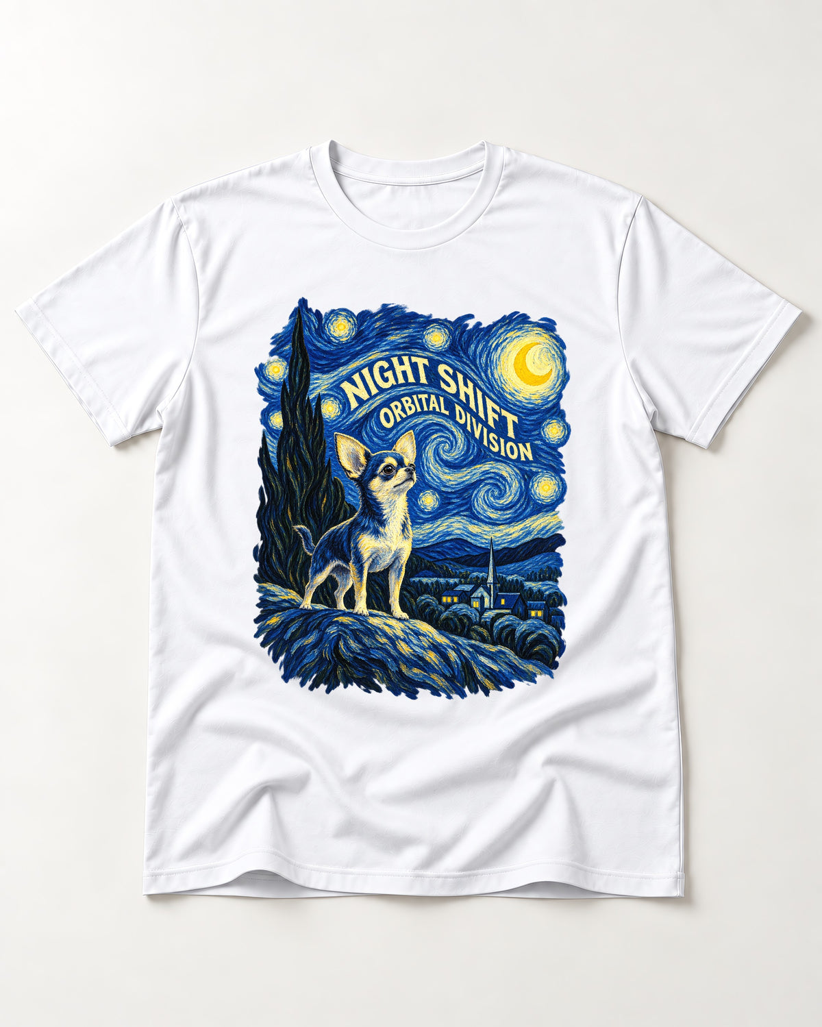 Chihuahua Night Shift Orbital Division Starry Night Graphic T-Shirt in White, flat lay product photo