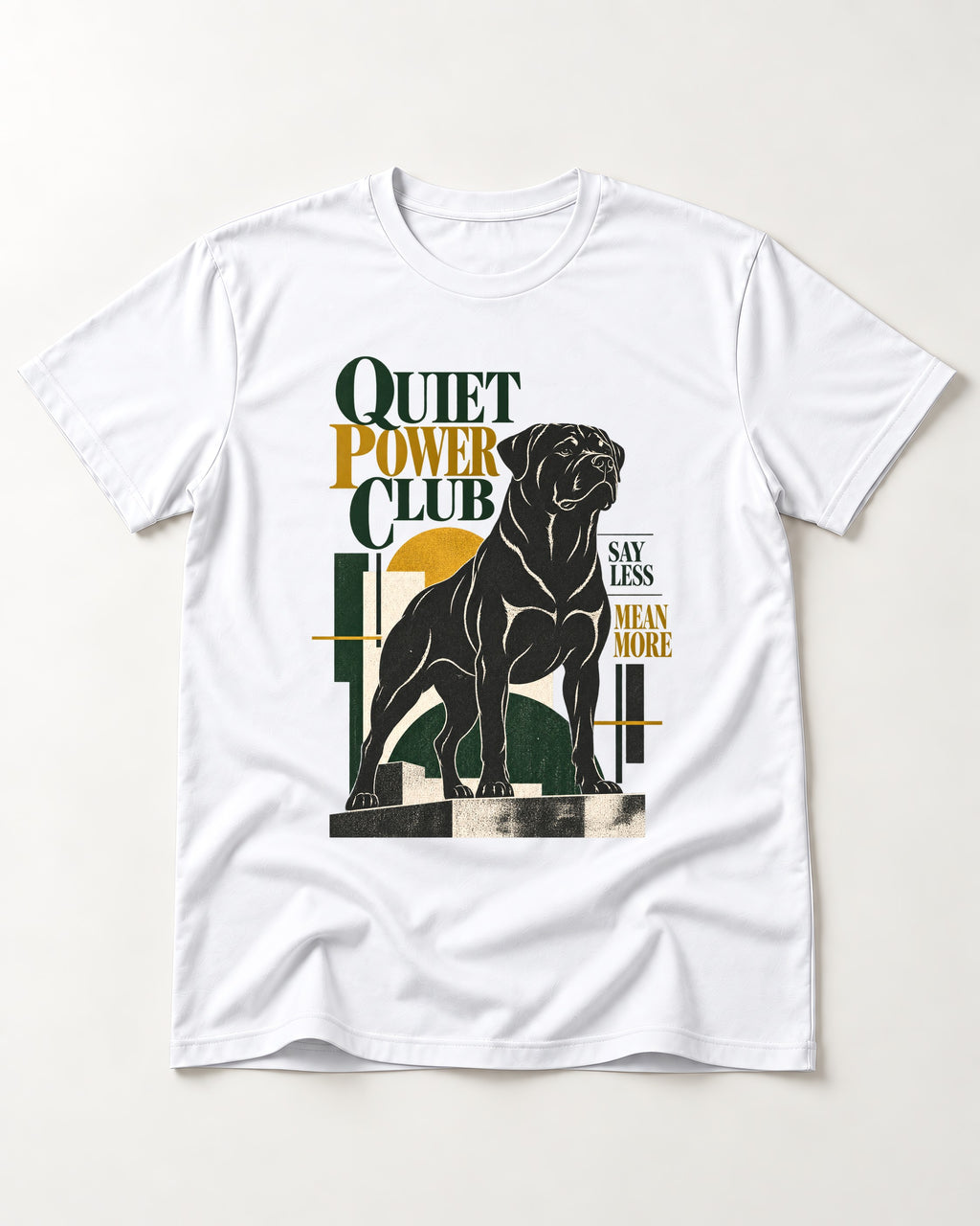 Rottweiler Quiet Power Club T-Shirt in White, flat lay product photo