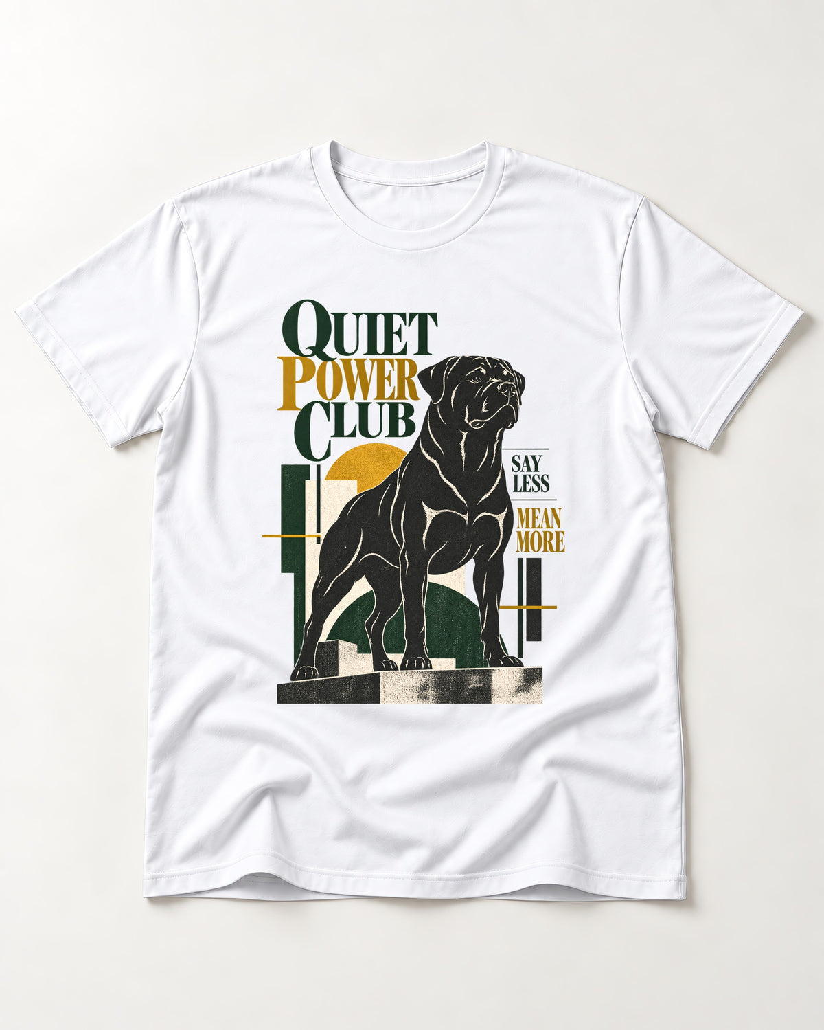 Rottweiler Quiet Power Club T-Shirt in White, flat lay product photo