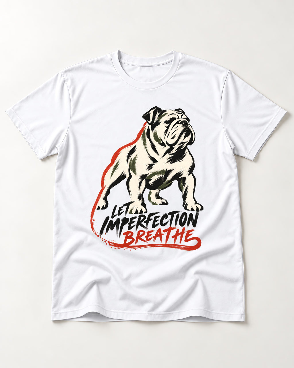 Let Imperfection Breathe English Bulldog T-Shirt in White, flat lay product photo