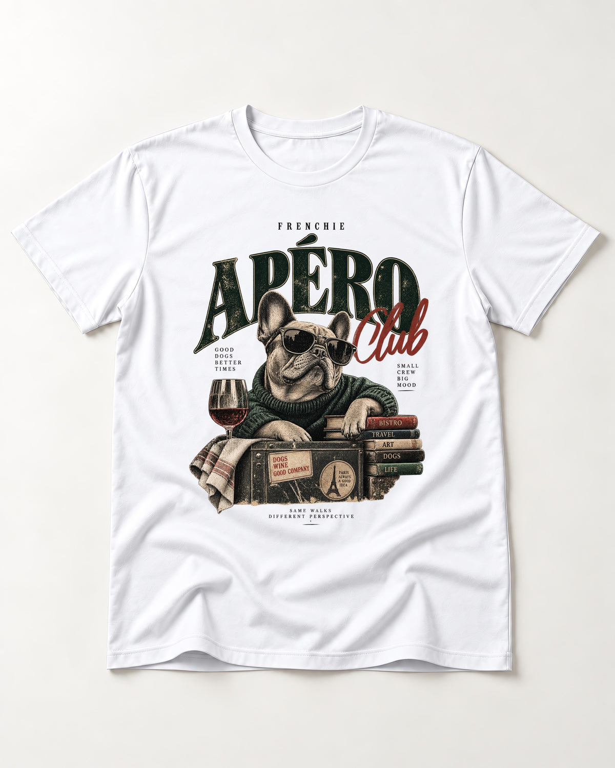 Frenchie Apero Club T-Shirt in White, flat lay product photo