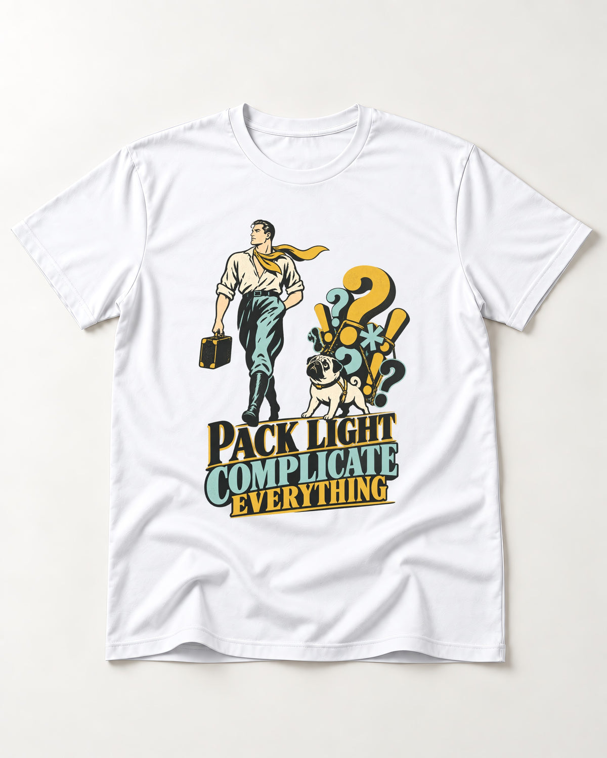 Pug Pack Light Complicate Everything T-Shirt in White, flat lay product photo