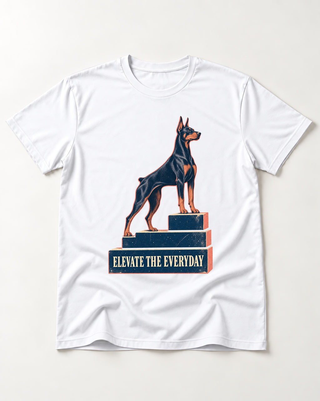 Doberman Elevate the Everyday Podium Graphic T-Shirt in White, flat lay product photo