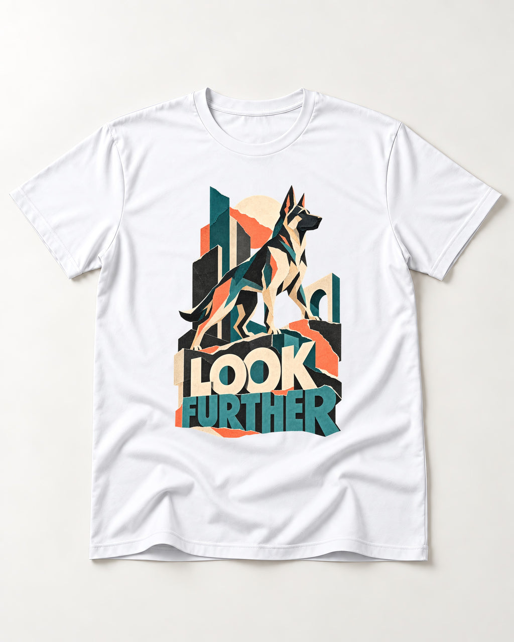Look Further German Shepherd Dog T-Shirt in White, flat lay product photo