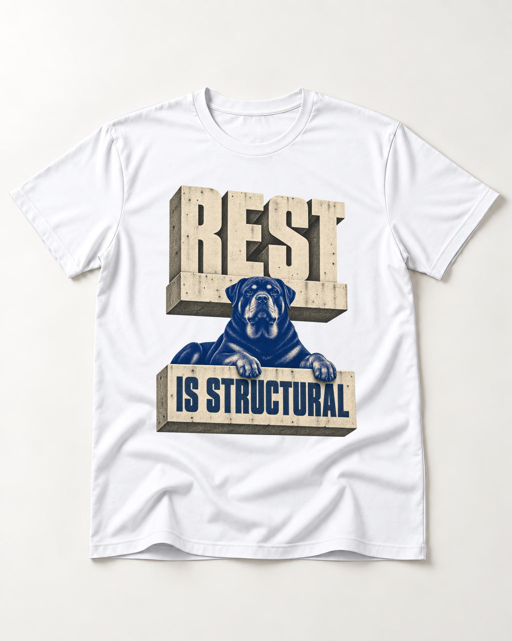 Rottweiler Rest Is Structural Architectural Type Graphic T-Shirt in White, flat lay product photo