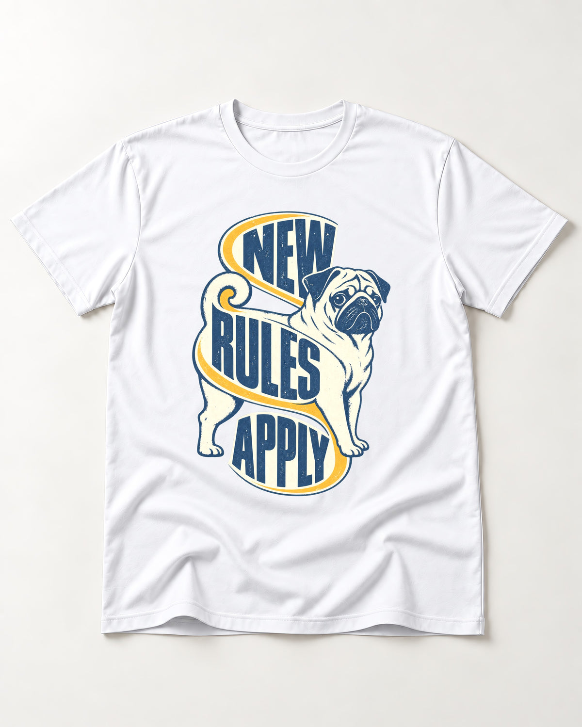 Pug New Rules Apply Ribbon Graphic T-Shirt in White, flat lay product photo