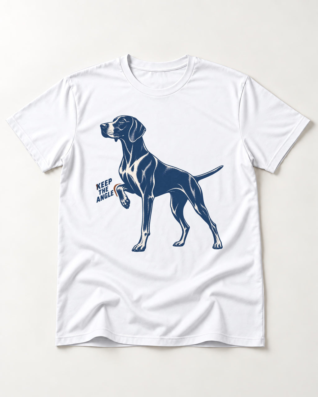 Keep the Angle German Shorthaired Pointer T-Shirt in White, flat lay product photo