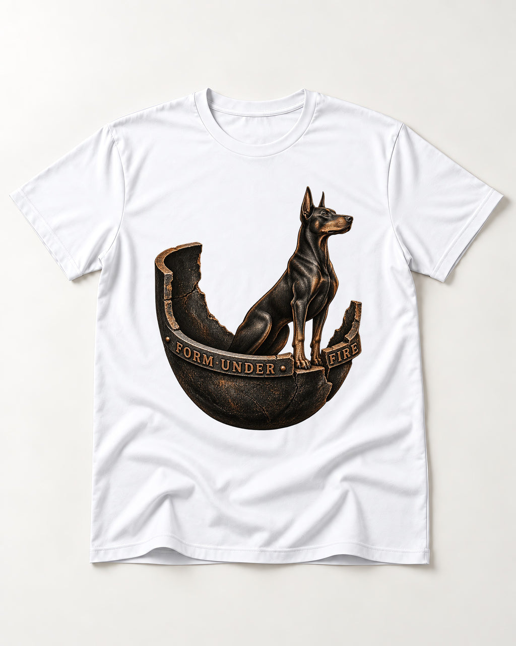 Doberman Form Under Fire Broken Shell Graphic T-Shirt in White, flat lay product photo