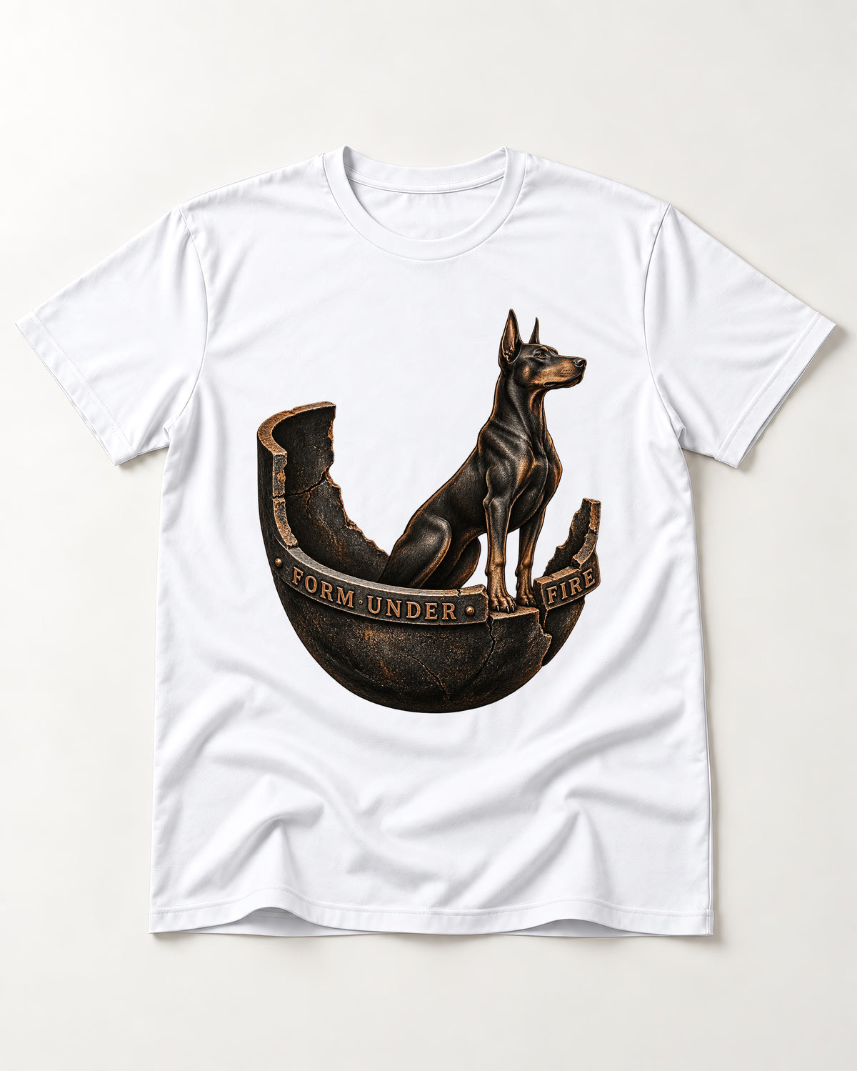Doberman Form Under Fire Broken Shell Graphic T-Shirt in White, flat lay product photo