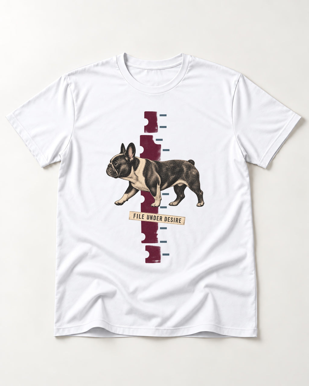 File Under Frenchie Desire T-Shirt in White, flat lay product photo