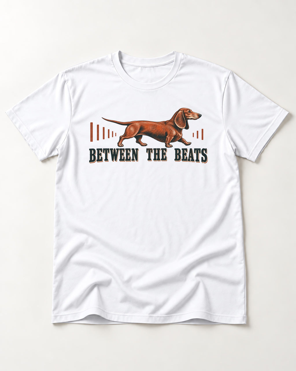 Dachshund Between the Beats T-Shirt in White, flat lay product photo