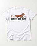 Dachshund Between the Beats T-Shirt in White, flat lay product photo
