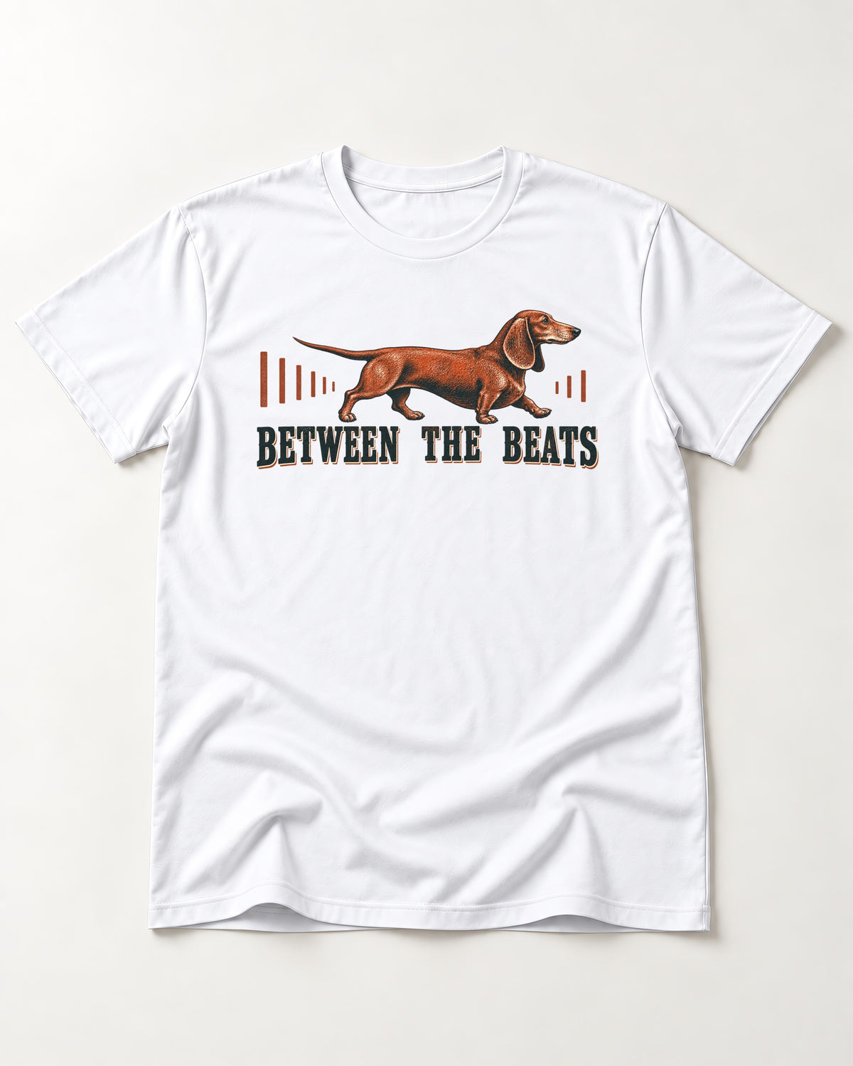 Dachshund Between the Beats T-Shirt in White, flat lay product photo