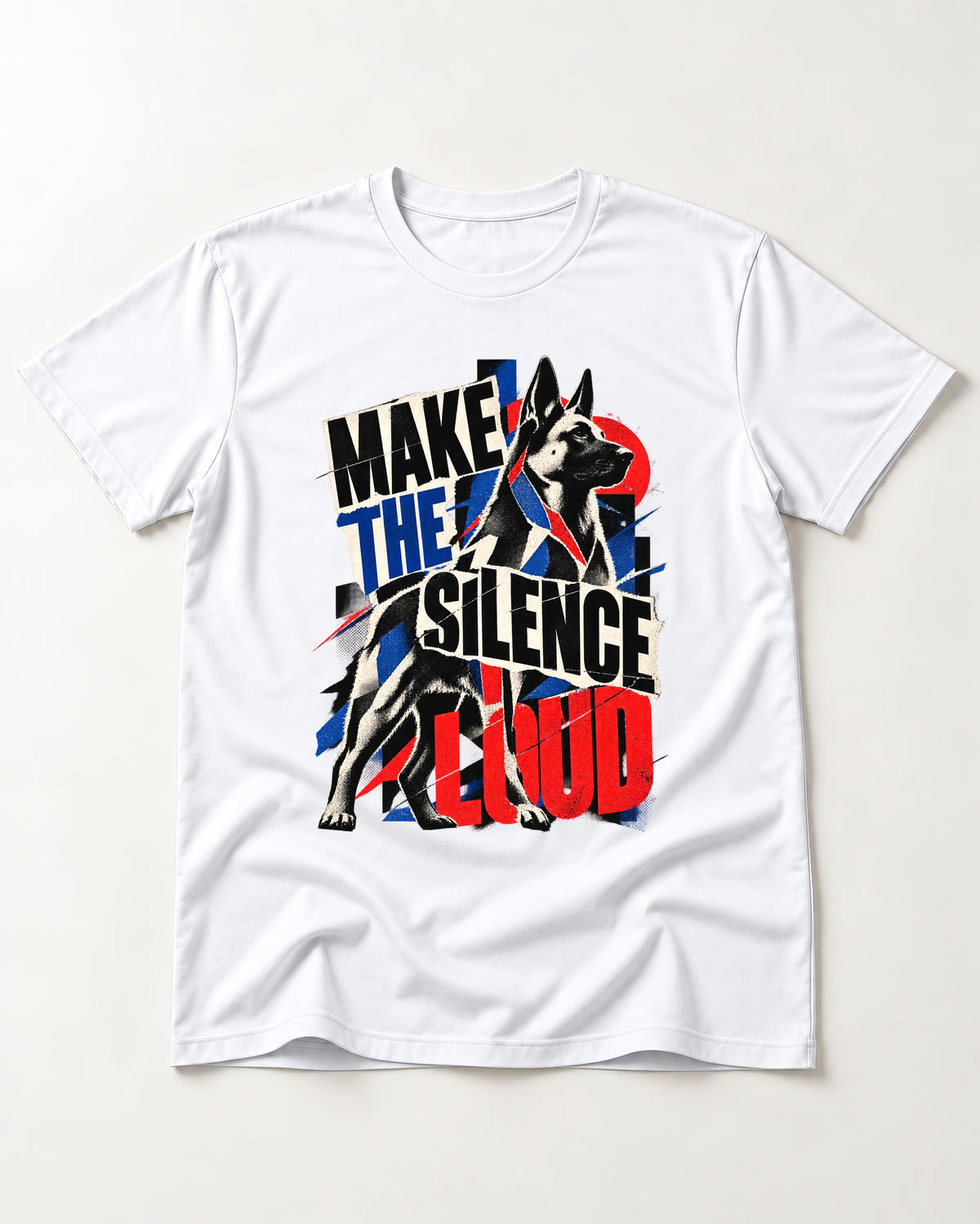 German Shepherd Dog Make the Silence Loud T-Shirt in White, flat lay product photo