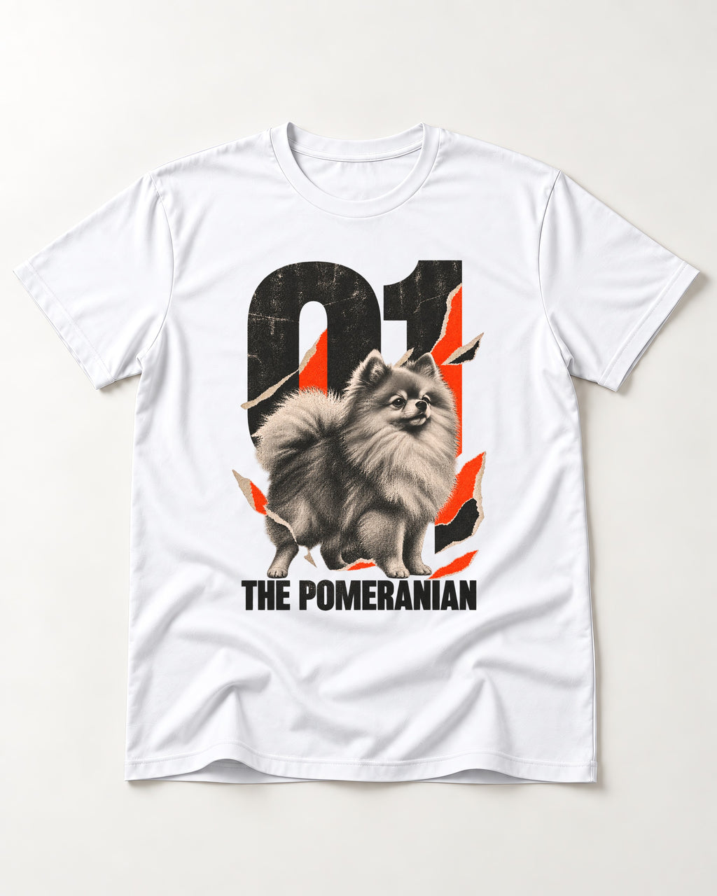 The Pomeranian T-Shirt in White, flat lay product photo