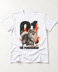 The Pomeranian T-Shirt in White, flat lay product photo