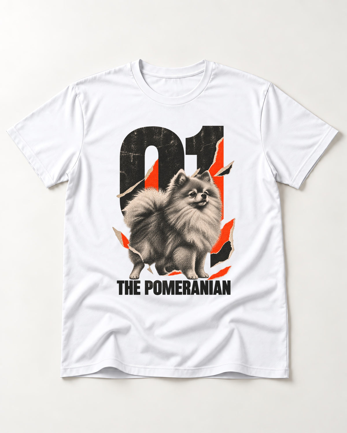 The Pomeranian T-Shirt in White, flat lay product photo