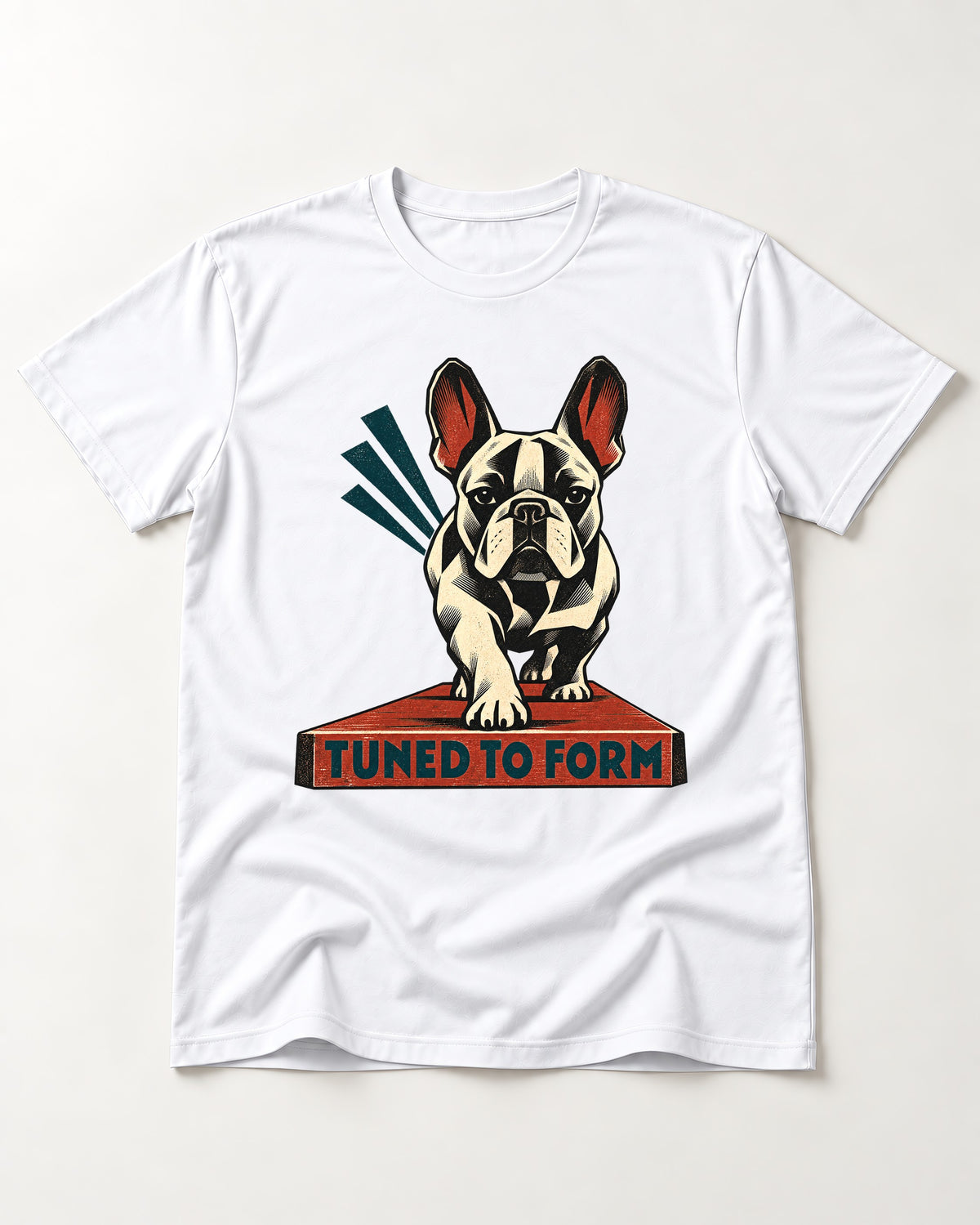 Frenchie Tuned to Form T-Shirt in White, flat lay product photo
