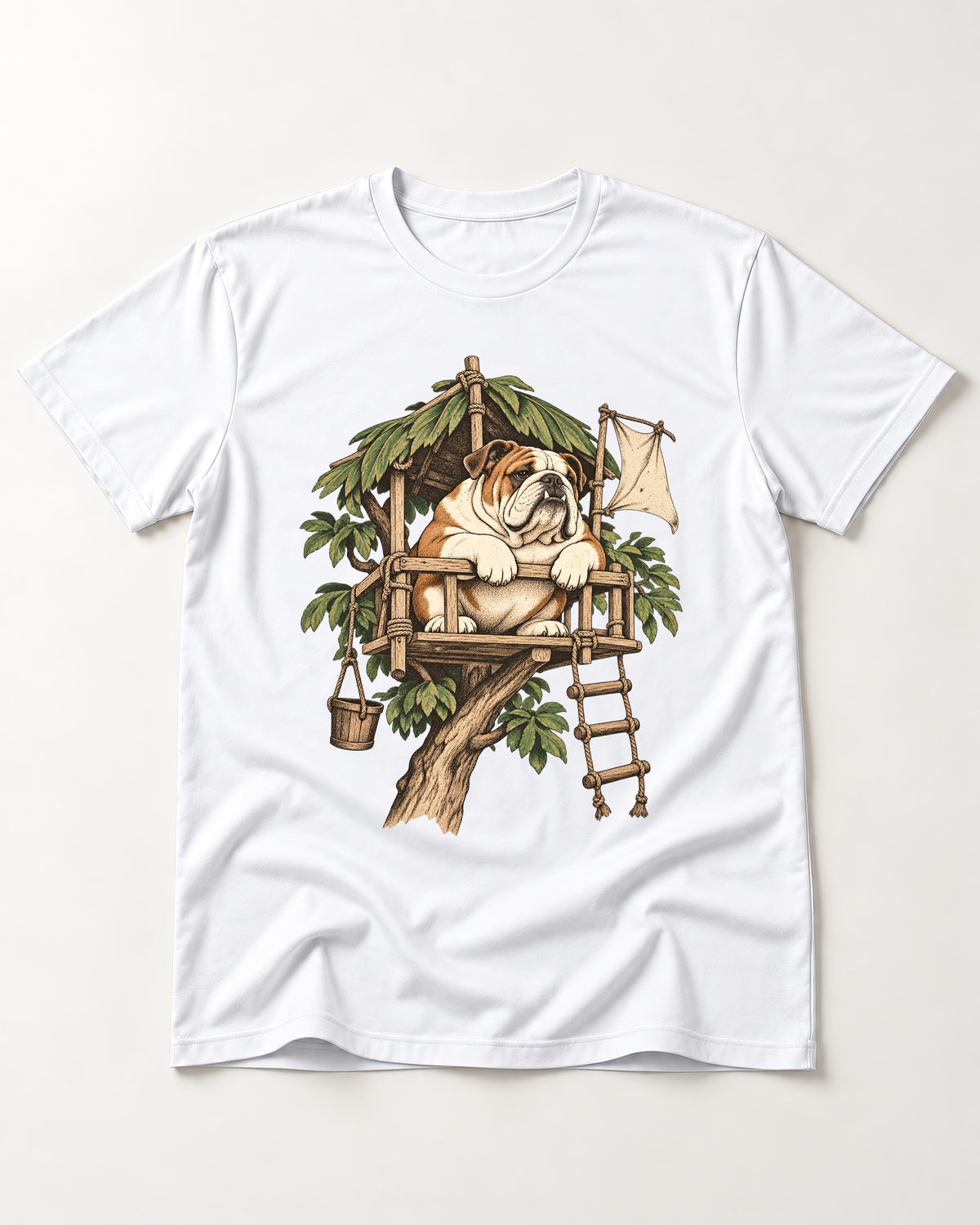 English Bulldog Above It All T-Shirt in White, flat lay product photo