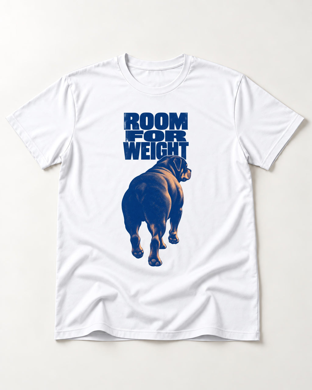 Room for Weight Rottweiler T-Shirt in White, flat lay product photo