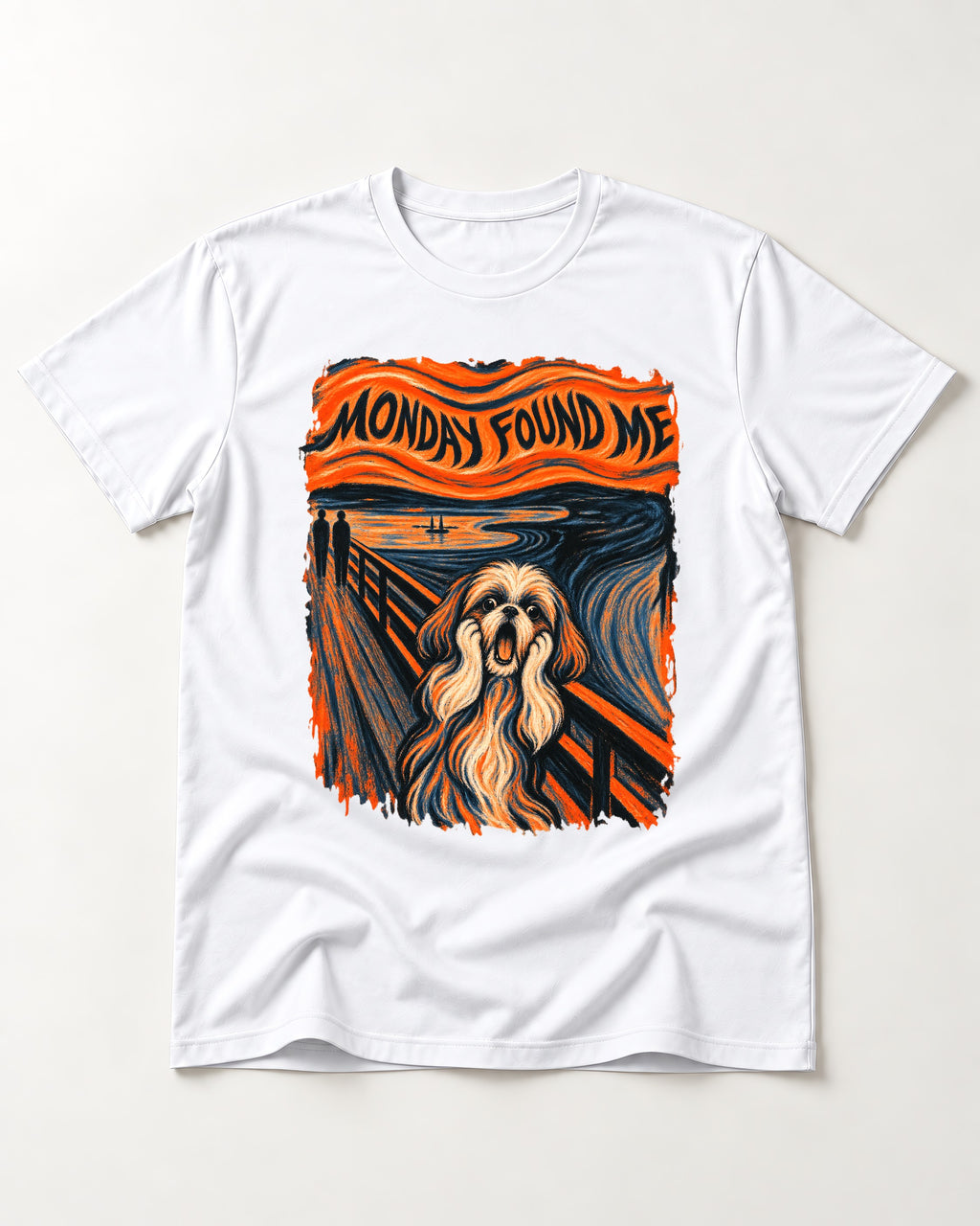 Shih Tzu Monday Found Me Scream Parody Graphic T-Shirt in White, flat lay product photo