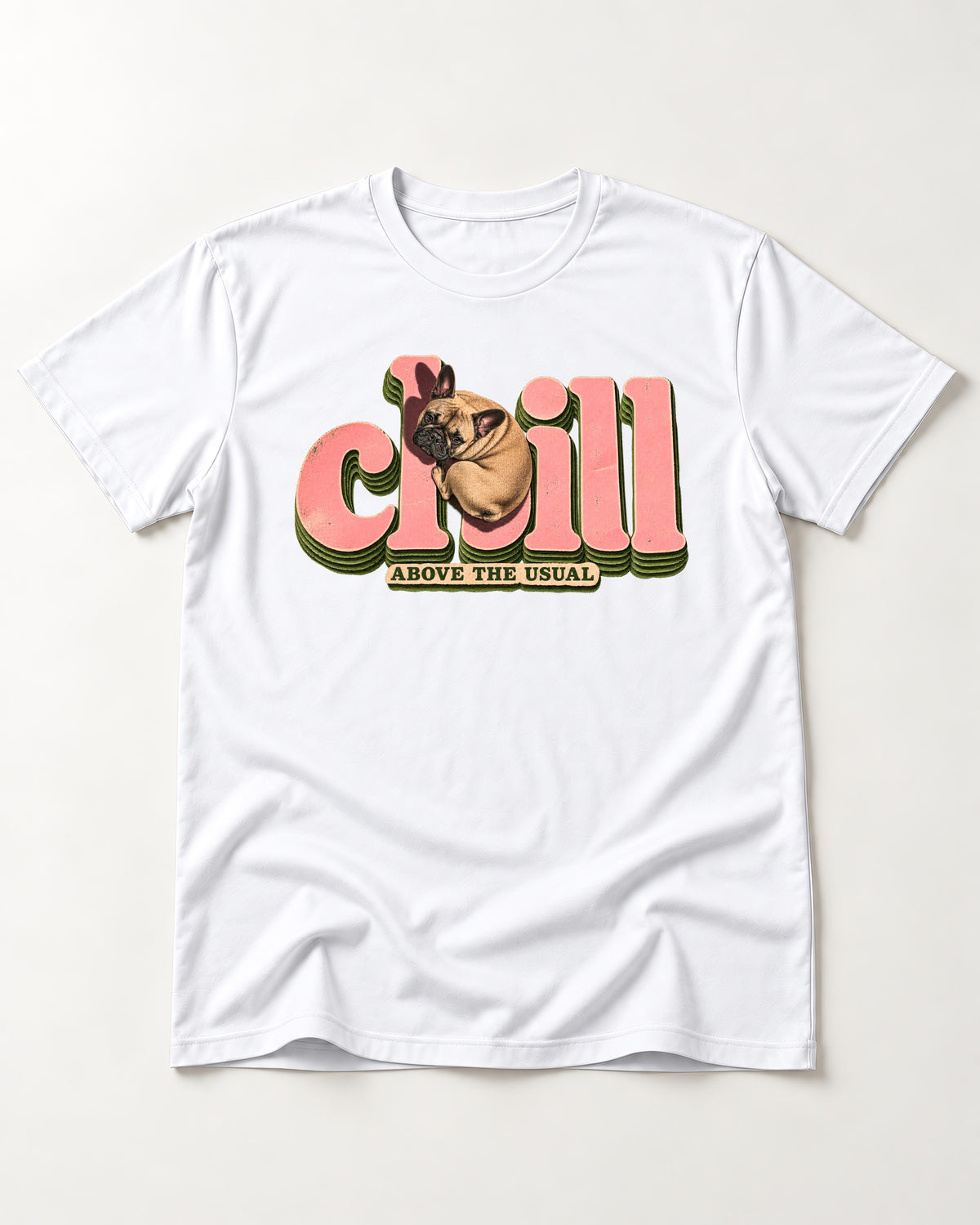 Frenchie Chill T-Shirt in White, flat lay product photo