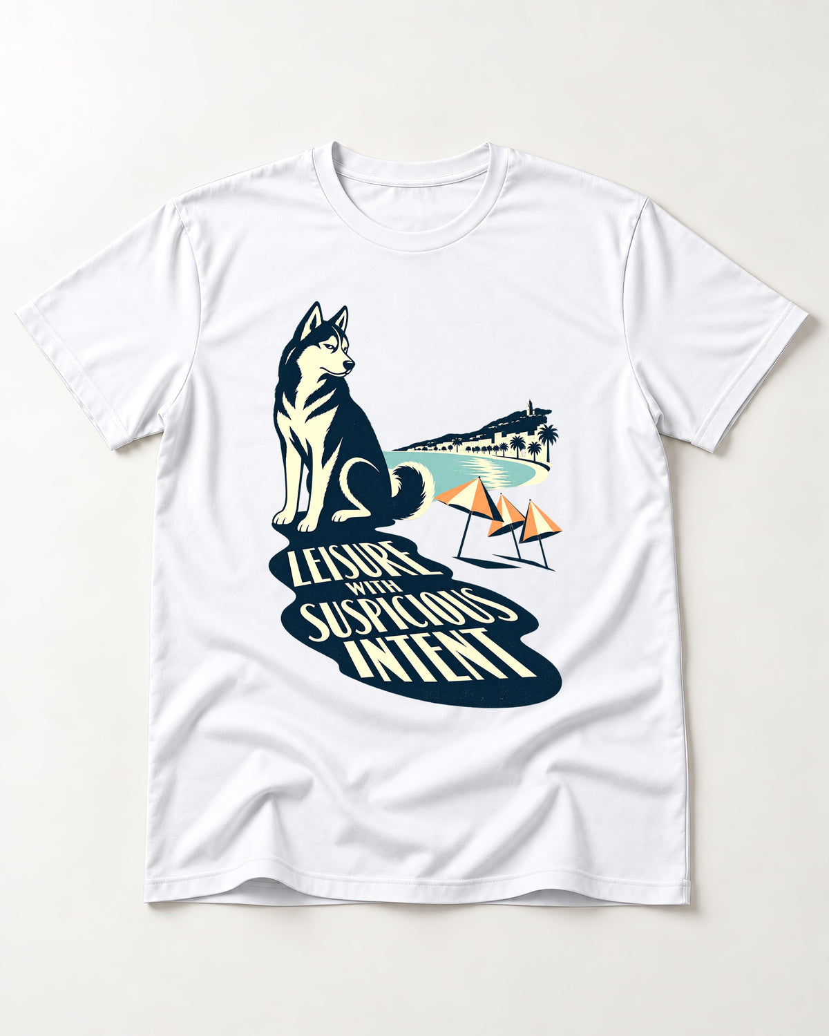 Husky Leisure with Suspicious Intent T-Shirt in White, flat lay product photo