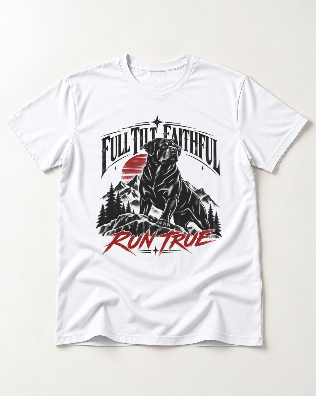 Run True Rottweiler T-Shirt in White, flat lay product photo