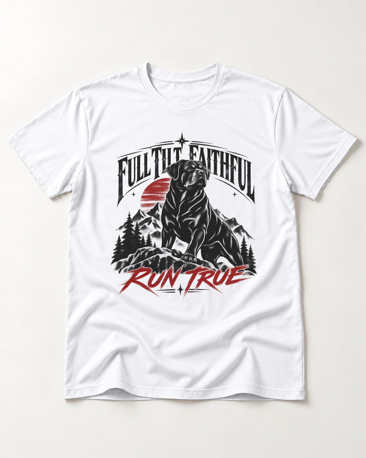 Run True Rottweiler T-Shirt in White, flat lay product photo
