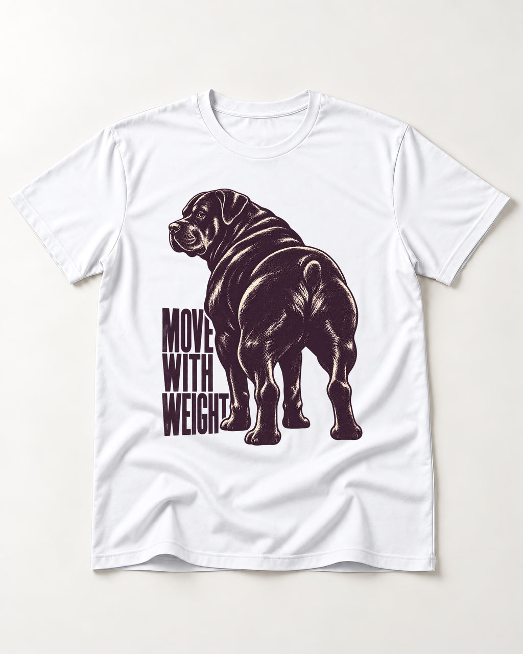 Rottweiler Moves with Weight T-Shirt in White, flat lay product photo