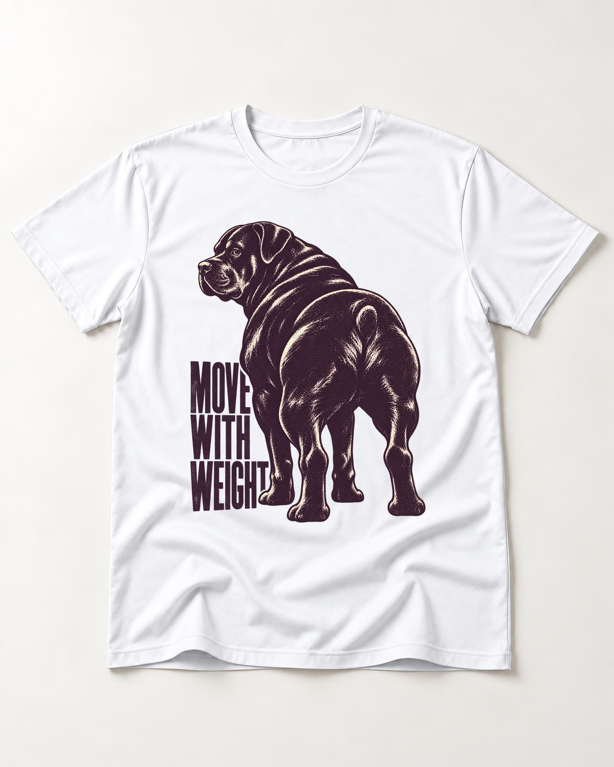 Rottweiler Moves with Weight T-Shirt in White, flat lay product photo