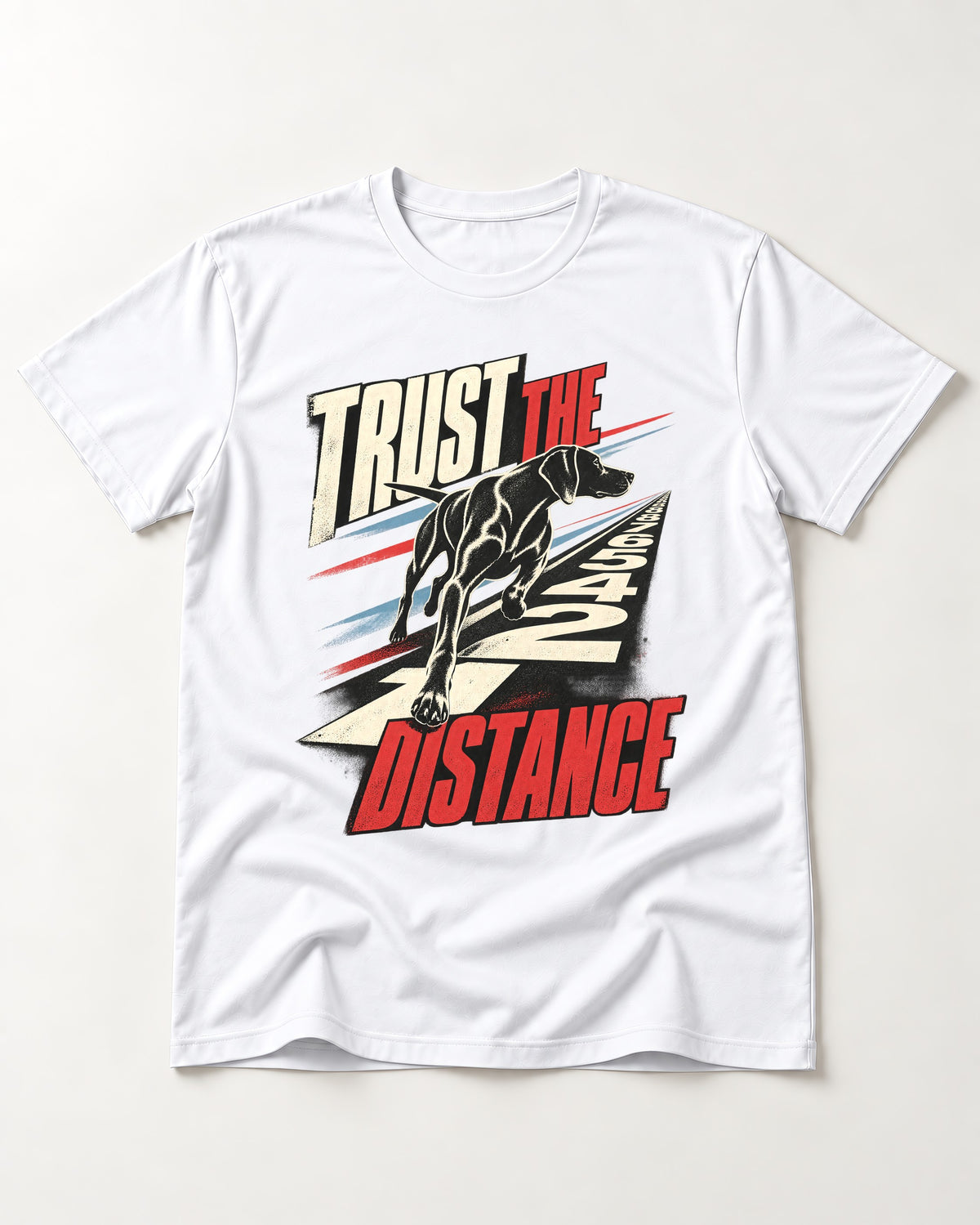 Trust the Distance German Shorthaired Pointer Graphic T-Shirt in White, flat lay product photo
