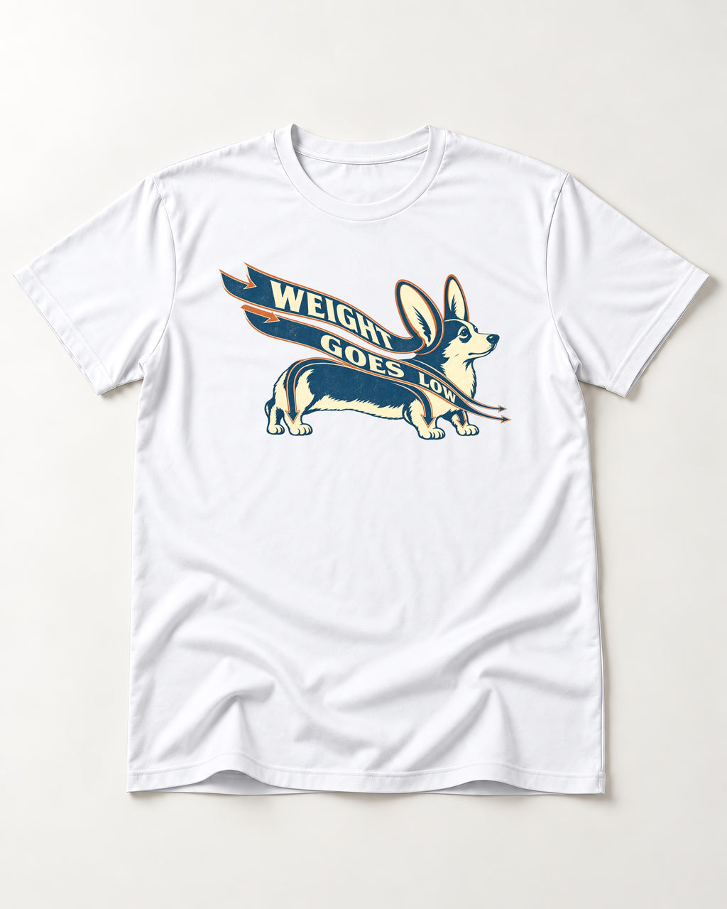 Corgi Weight Goes Low Ribbon Arrow Graphic T-Shirt in White, flat lay product photo