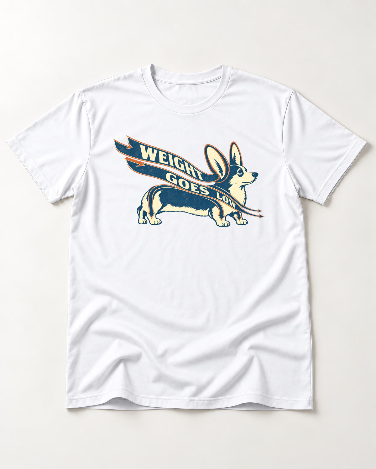 Corgi Weight Goes Low Ribbon Arrow Graphic T-Shirt in White, flat lay product photo