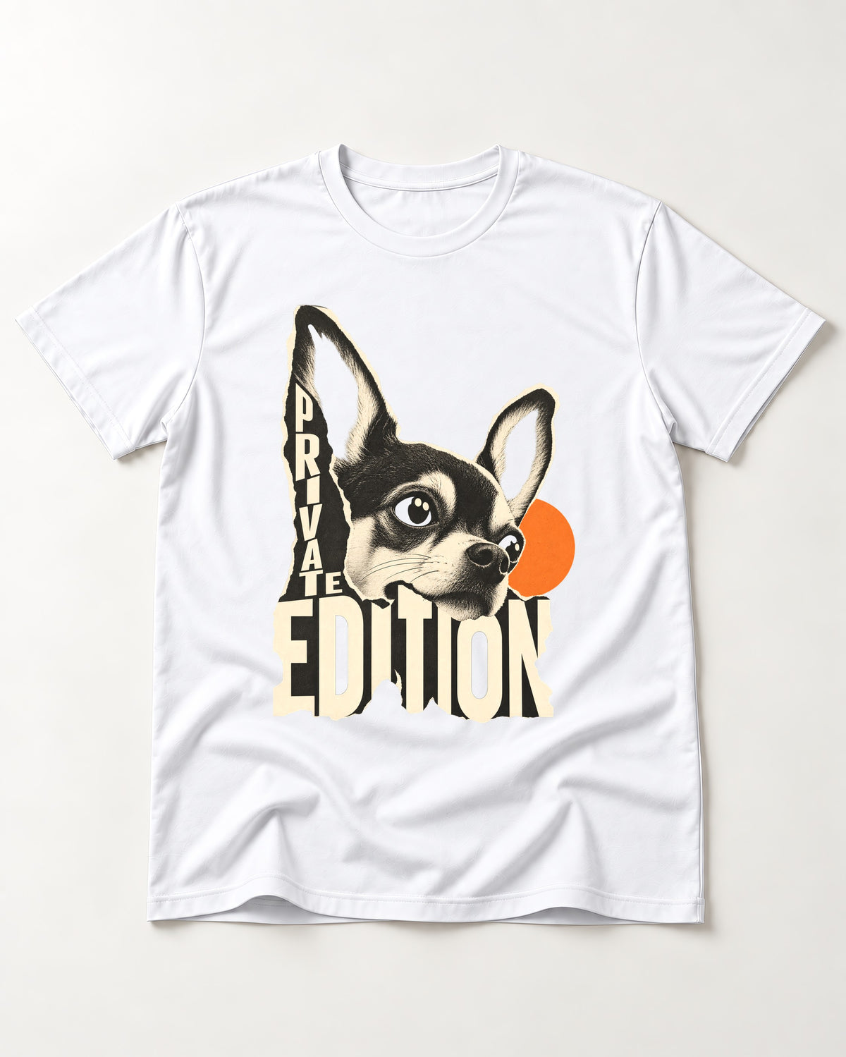 Chihuahua Private Edition Cut-Paper Portrait T-Shirt in White, flat lay product photo